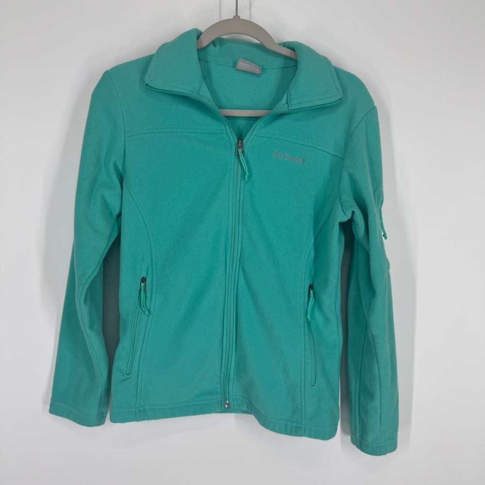 Columbia Size S Women Blue Green Full Zip Stand Collar Pocket Fleece Gym Jacket